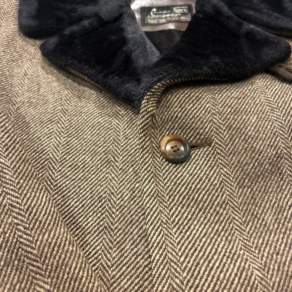 Vtg Sears Herringbone Wool Blend Coat Mens Large Faux Fur Collar Lined 60s 70s - Picture 3 of 16